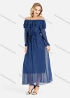 Wholesale Women's Plain Off Shoulder Long Sleeve Flounces Tie Front Mesh Tiered Chiffon Maxi Dress With Belt - Liuhuamall