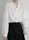 Wholesale Women's Elegant Tie Neck Long Sleeve Button Down Plain Ruched Shirts 678379# - Liuhuamall