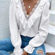 Women's Casual Lace Ruffle Trim Poet Sleeve Swiss Dot V Neck Plain Blouse White Clothing Wholesale Market -LIUHUA