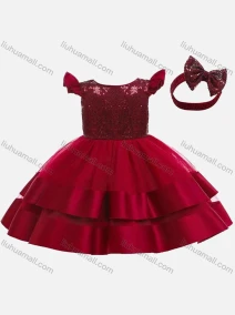 Wholesale Girls Cute Cap Sleeve Sequin Bow-knot Mesh Layered Hem Flower Dress With Bow Headband, LIUHUA CLOTHING WHOLESALE