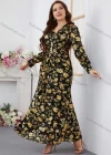 Wholesale Women's Elegant V Neck Long Sleeve Ruched Bronzed Print Evening Dress - Liuhuamall