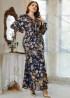 Wholesale Women's Elegant V Neck Long Sleeve Ruched Bronzed Print Evening Dress - Liuhuamall