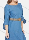 Wholesale Women's Casual Round Neck Cold Shoulder Denim Short Dress With Belt - Liuhuamall