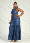 Wholesale Women's Plus Size Sleeveless Denim Layered Hem Spaghetti Strap Maxi Cami Dress With Belt - Liuhuamall