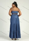 Wholesale Women's Plus Size Sleeveless Denim Layered Hem Spaghetti Strap Maxi Cami Dress With Belt - Liuhuamall