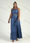Wholesale Women's Plus Size Sleeveless Denim Layered Hem Spaghetti Strap Maxi Cami Dress With Belt - Liuhuamall