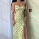 Wholesale Women's Elegant Ditsy Floral Lace Trim Split Thigh Cami Midi Dress Yellow Clothing Wholesale Market Liuhua