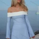 Wholesale Women's Elegant Plain Contrast Off Shoulder Long Sleeve Short Dress Blue Clothing Wholesale Market Liuhua