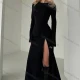 Wholesale Women's Elegant Plain Crew Neck Bell Sleeve Split Thigh Maxi Dress Black Clothing Wholesale Market Liuhua