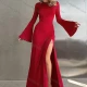 Wholesale Women's Elegant Plain Crew Neck Bell Sleeve Split Thigh Maxi Dress Red Guangzhou Clothing Wholesale Market & Suppliers -LIUHUAMALL