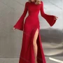 Wholesale Women's Elegant Plain Crew Neck Bell Sleeve Split Thigh Maxi Dress preview