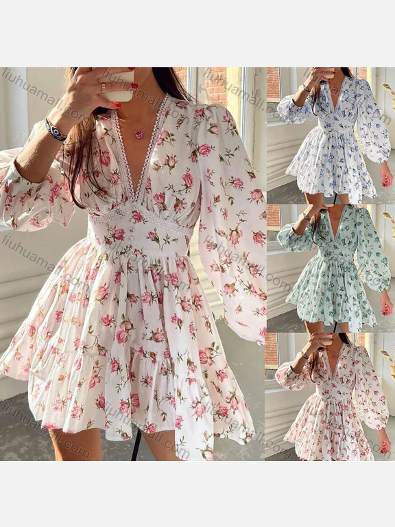 Wholesale Women's Elegant Floral Deep V Neck Long Sleeve Lace Trim Ruffle Hem Short Dress