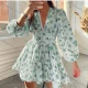 Wholesale Women's Elegant Floral Deep V Neck Long Sleeve Lace Trim Ruffle Hem Short Dress Green Guangzhou Clothing Wholesale Market & Suppliers -LIUHUAMALL