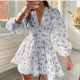 Wholesale Women's Elegant Floral Deep V Neck Long Sleeve Lace Trim Ruffle Hem Short Dress Blue Guangzhou Clothing Wholesale Market & Suppliers -LIUHUAMALL