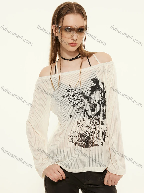 Wholesale Women's Casual Graphic Letter Print Long Sleeve Halter Off Shoulder Semi-sheer Tee