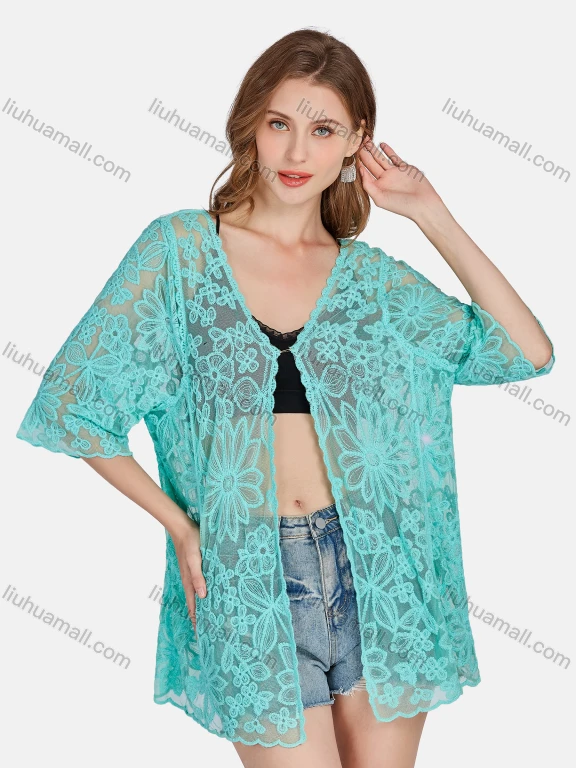 Wholesale Women's Casual 3/4 Sleeve Hollow Out Guipure Lace Cover Up Cardigan 2004#