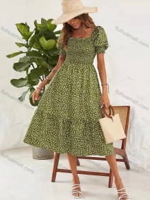Wholesale Women's Square-neck Shirred Short Sleeve Allover Floral Print A-line Midi Dress AY037#, LIUHUA CLOTHING WHOLESALE