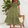 Wholesale Women's Square-neck Shirred Short Sleeve Allover Floral Print A-line Midi Dress AY037# preview