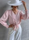 Wholesale Women's Casual Plain V Neck Button Down Long Sleeve Tie Front Blouse - Liuhuamall