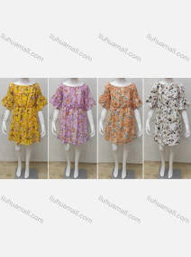 Wholesale Girls Causal Crew Neck Bell Sleeve Elastic Waist Floral Print Dress, LIUHUA CLOTHING WHOLESALE
