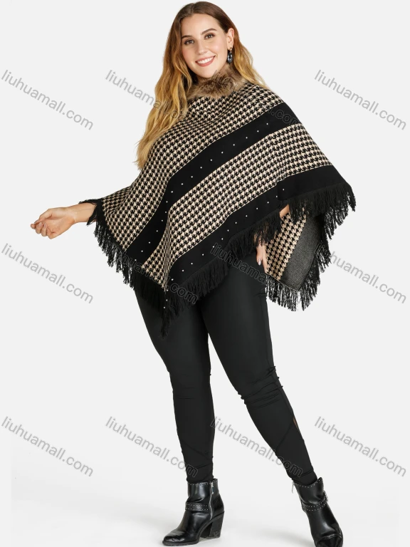 Wholesale Women's Zip Collar Houndstooth Print Fringe Trim Knit Poncho