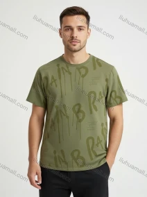 Wholesale Men's Olive Green Graphic Print Short Sleeve Tee - Loose, Breathable, Ideal for Casual Wear!, LIUHUA CLOTHING WHOLESALE