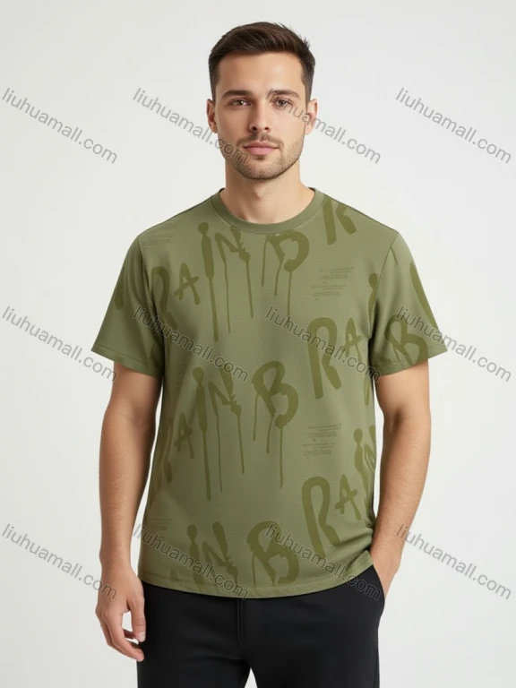 Wholesale Men's Olive Green Graphic Print Short Sleeve Tee - Loose, Breathable, Ideal for Casual Wear!