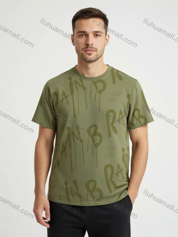 Wholesale Men's Olive Green Graphic Print Short Sleeve Tee - Loose, Breathable, Ideal for Casual Wear!, Guangzhou Clothing Wholesale Market & Suppliers - LIUHUAMALL, Men