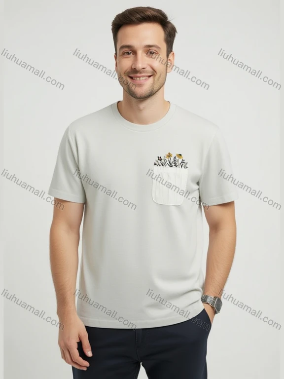 Wholesale Men's White Short Sleeve T - shirt - Floral Embroidery, Minimalist Chic, Casual Streetwear Bulk Order! LIUHUA CLOTHING WHOLESALE