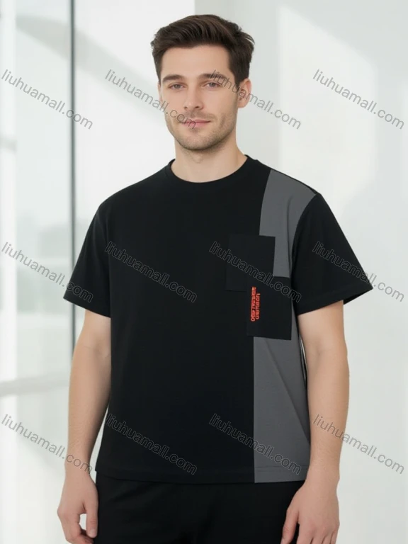 Wholesale Men's Black Tee - 'DESTRAYS CRIMISON' Pocket Design, Minimalist Casual Bulk Deals LIUHUA CLOTHING WHOLESALE