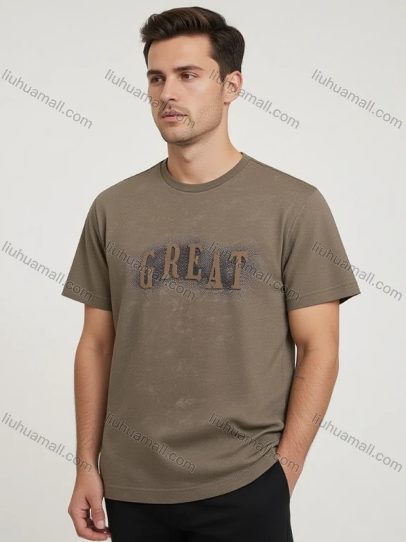 Wholesale Men's Brown Short Sleeve Tee - Chest 'GREAT' Graphic, Minimalist Casual Streetwear Bulk Order