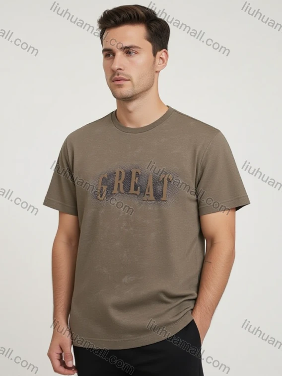Wholesale Men's Brown Short Sleeve Tee - Chest 'GREAT' Graphic, Minimalist Casual Streetwear Bulk Order, Guangzhou Clothing Wholesale Market & Suppliers - LIUHUAMALL, Men