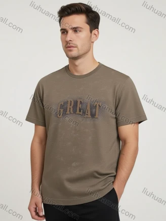 Wholesale Men's Brown Short Sleeve Tee - Chest 'GREAT' Graphic, Minimalist Casual Streetwear Bulk Order, Guangzhou Clothing Wholesale Market & Suppliers - LIUHUAMALL