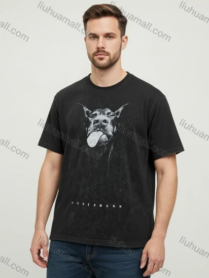 Wholesale Men's Black Tee – 'DOBERMANN' Print w/ Dog Graphic, Minimalist Casual Bulk Deals!