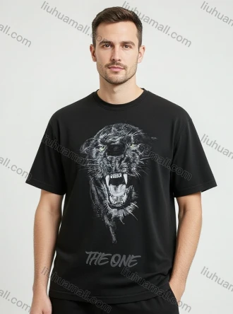 Wholesale Men's Solid Black Short Sleeve Tee – Ferocious Panther & 'THE ONE' Print, Minimalist Streetwear Bulk Order, LIUHUA CLOTHING WHOLESALE