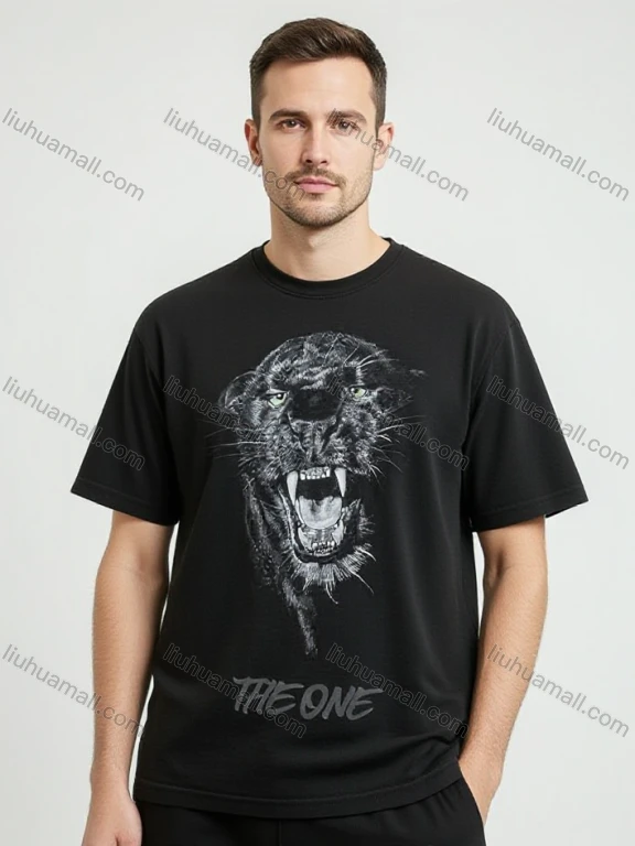 Wholesale Men's Solid Black Short Sleeve Tee – Ferocious Panther & 'THE ONE' Print, Minimalist Streetwear Bulk Order