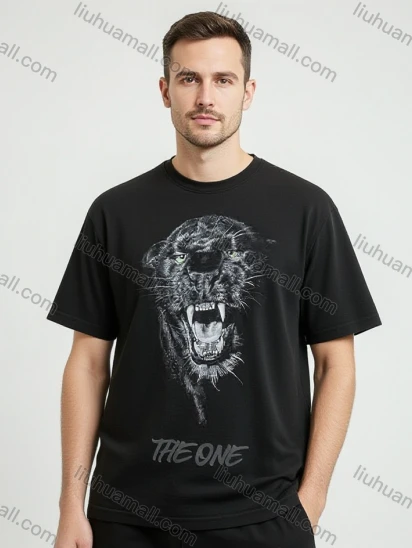 Wholesale Men's Solid Black Short Sleeve Tee – Ferocious Panther & 'THE ONE' Print, Minimalist Streetwear Bulk Order