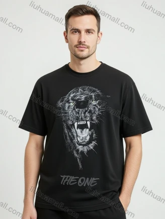 Wholesale Men's Solid Black Short Sleeve Tee – Ferocious Panther & 'THE ONE' Print, Minimalist Streetwear Bulk Order, Guangzhou Clothing Wholesale Market & Suppliers - LIUHUAMALL