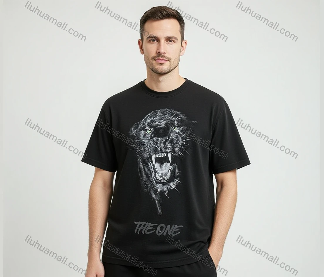 Wholesale Men's Solid Black Short Sleeve Tee – Ferocious Panther & 'THE ONE' Print, Minimalist Streetwear Bulk Order