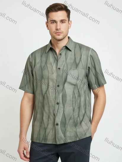 Wholesale Men's Green Wavy Shirt – Artistic Minimalist Collared Button - Down, Lightweight Summer Casual Bulk Order