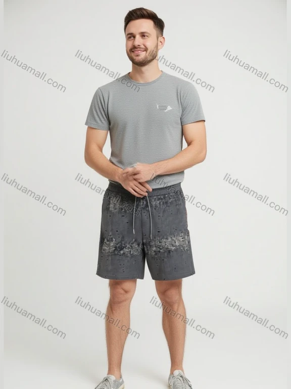 Wholesale Men's Dark Gray Abstract Printed Shorts – Drawstring Waist, Side Pockets, Casual Loose Fit Bulk Order