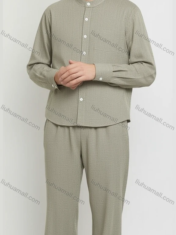 Wholesale Men's Light Khaki Linen Two - Piece Set – Long Sleeve Shirt + Wide - Leg Pants, Casual Relaxed Fit Bulk Order