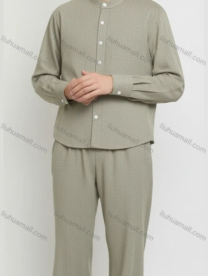 Wholesale Men's Light Khaki Linen Two - Piece Set – Long Sleeve Shirt + Wide - Leg Pants, Casual Relaxed Fit Bulk Order