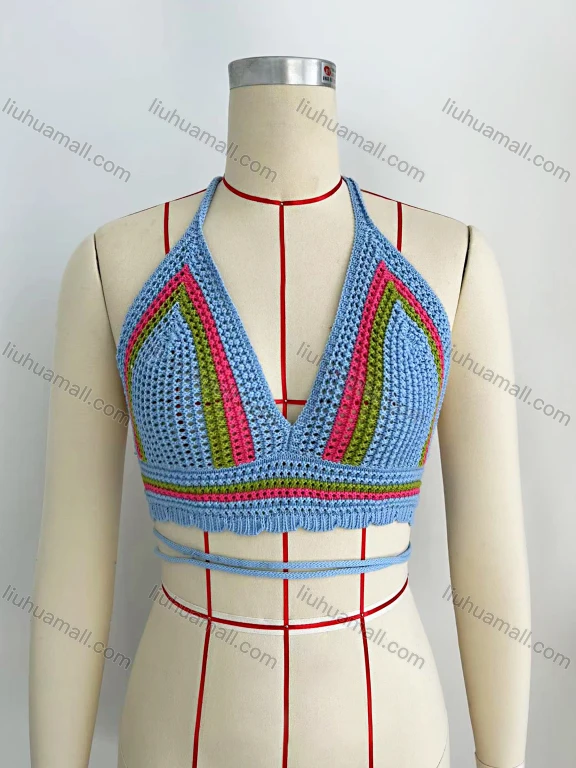 Wholesale Women's Boho Halter Neck Knit Crop Tank Top