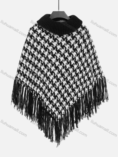 Wholesale Women's High Neck Knitted Tassel Fringe Trim Houndstooth Print Poncho 80072#