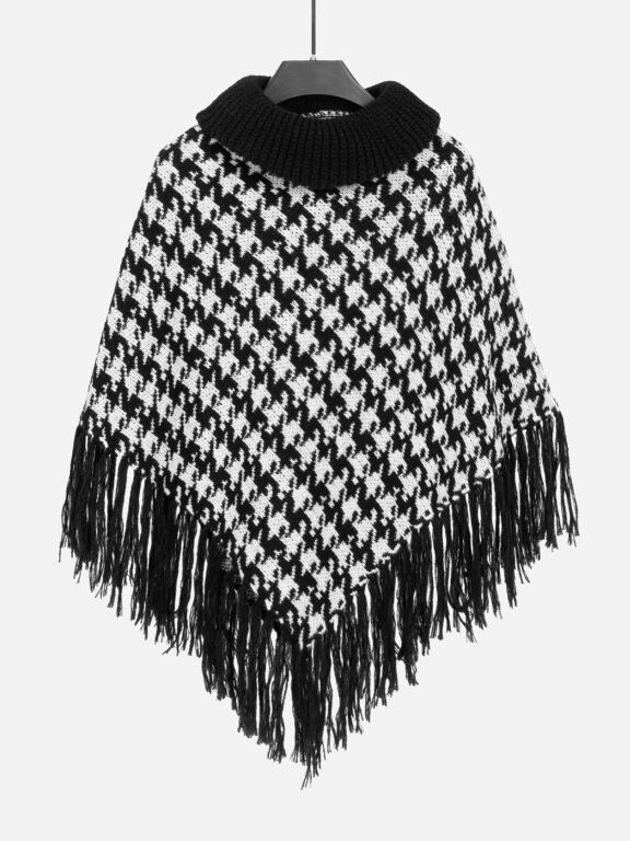Women's High Neck Knitted Tassel Fringe Trim Houndstooth Print Poncho 80072#, LIUHUA Clothing Online Wholesale Market, All Categories