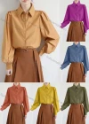 Wholesale Women's Casual Collared Puff Sleeve Button Down Ruched Plain Shirts 555660# - Liuhuamall