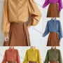 Wholesale Women's Casual Collared Puff Sleeve Button Down Ruched Plain Shirts 555660# preview