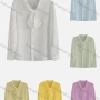 Wholesale Women's Elegant Tie Neck Long Sleeve Button Down Plain Ruched Shirts 678379# preview