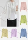 Wholesale Women's Casual Poet Sleeve Eton Collar Pleated Button Down Plain Blouse 085130# - Liuhuamall